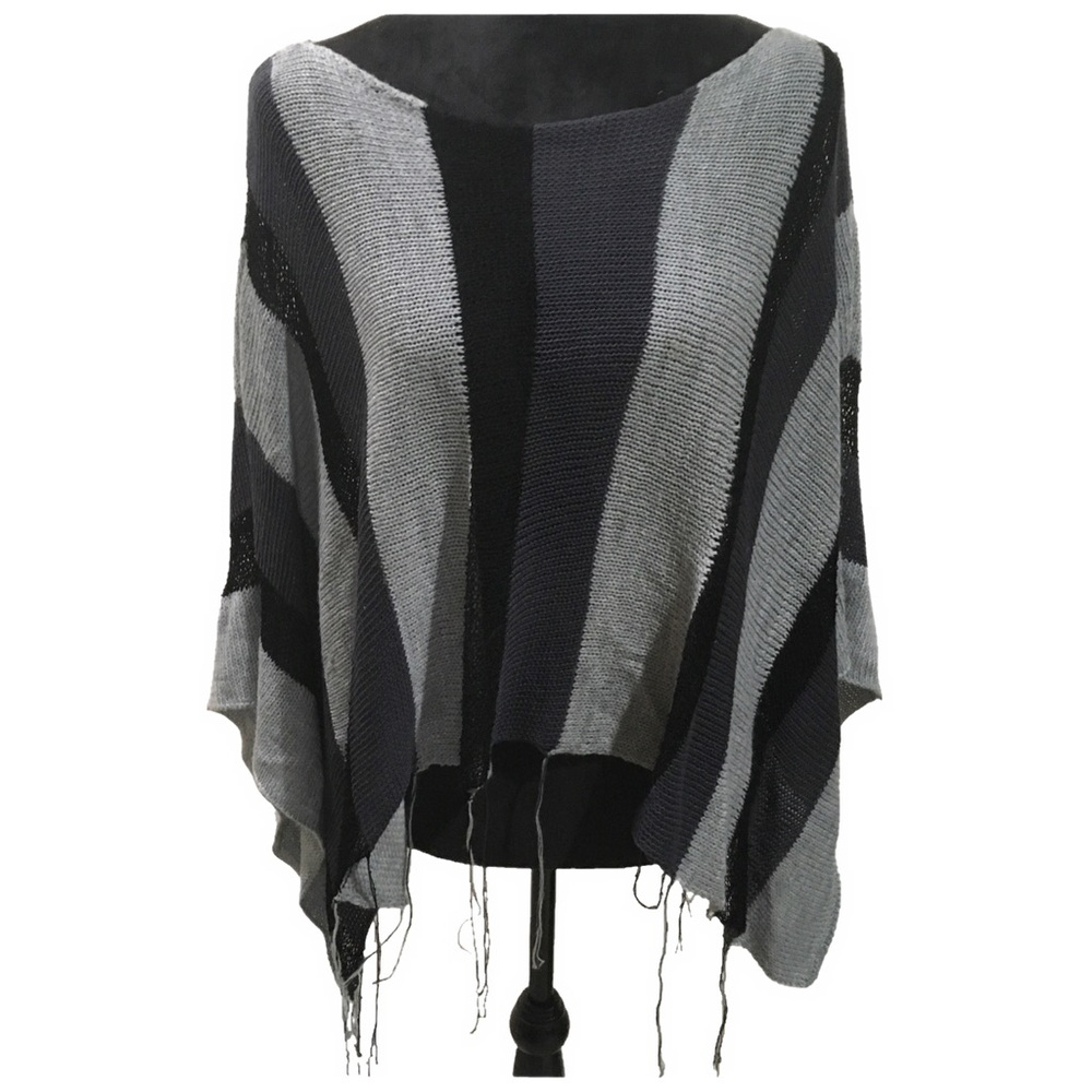 CHIC VERTICAL STRIPPED FRINGED PONCHO - BLACK & GREY